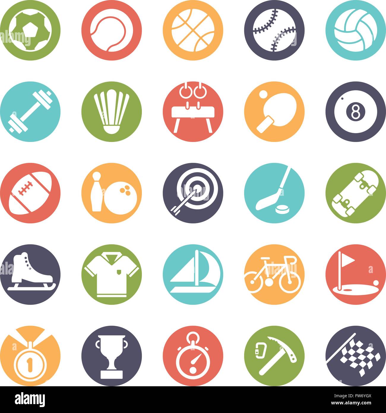 Sport Glyphe Symbole gesetzt, negative in farbige Kreise Stock Vektor