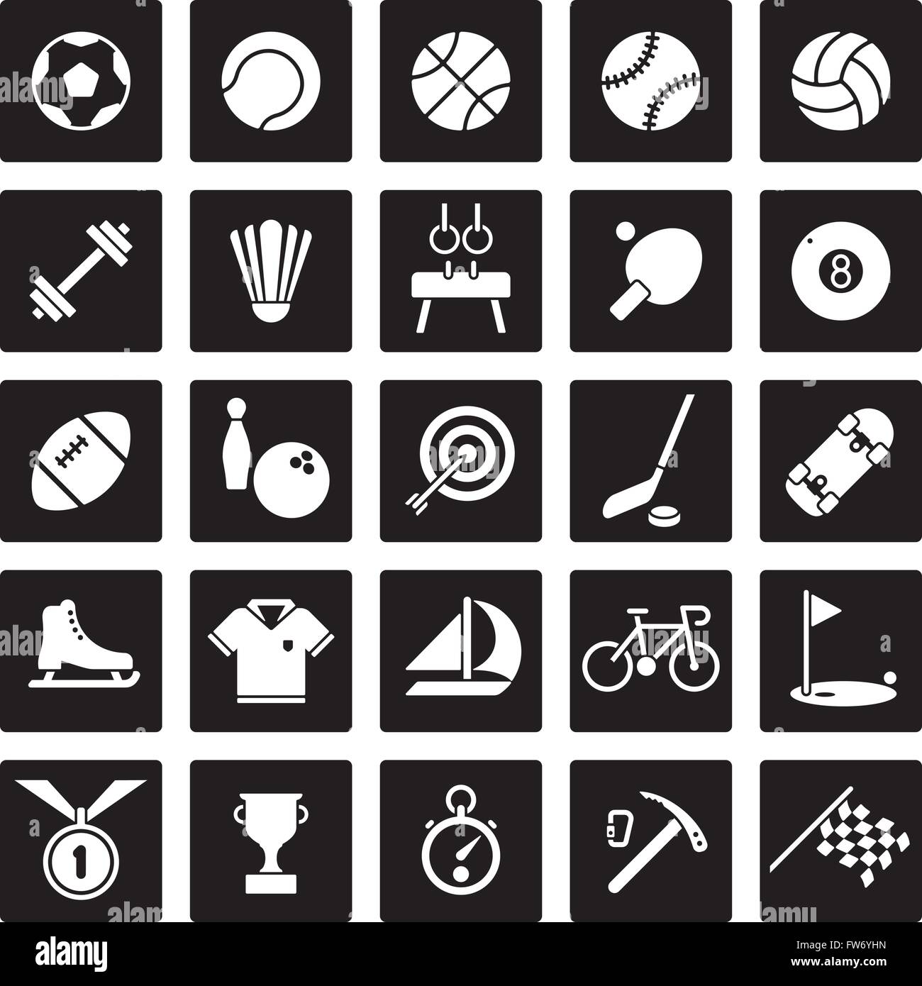 Sport Glyphe Symbole gesetzt, negative in schwarze Quadrate Stock Vektor