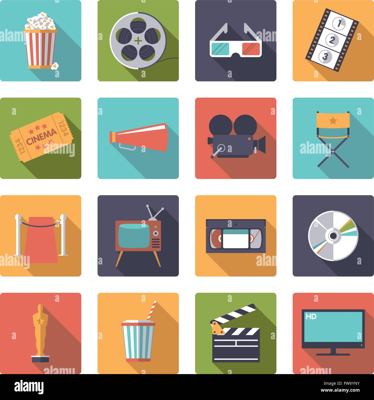 Wohnung design lange Schatten Kino und Film unter dem Motto Symbole in quadratische Form mit abgerundeten Ecken Stock Vektor