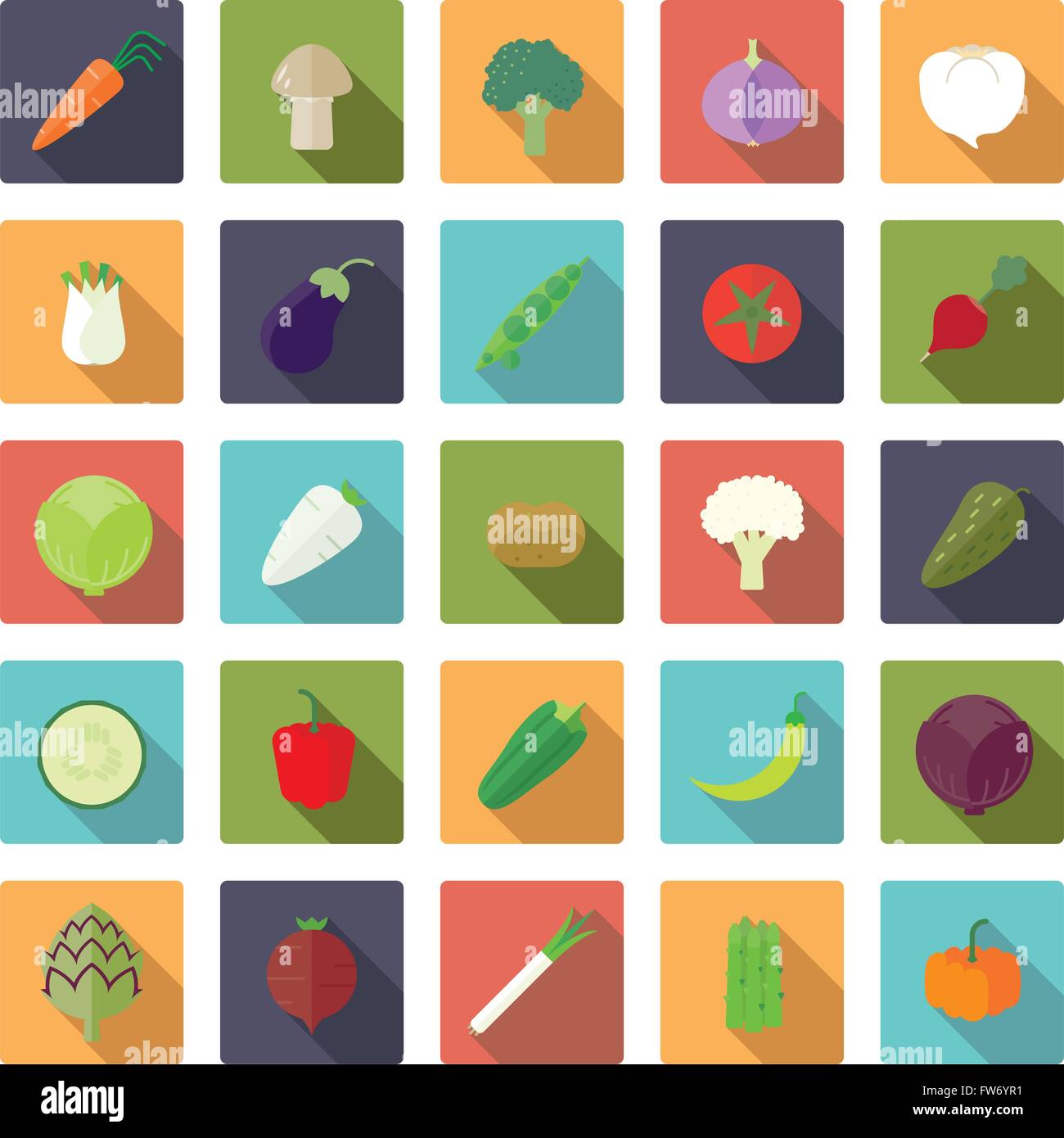 Flaches Design lange Schatten Gemüse Symbole in abgerundeten Quadraten Stock Vektor