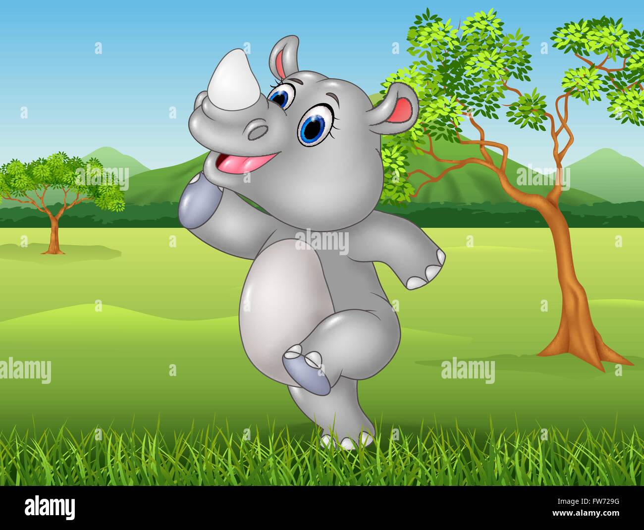 Karikatur lustige Rhino posiert im Dschungel Stock Vektor