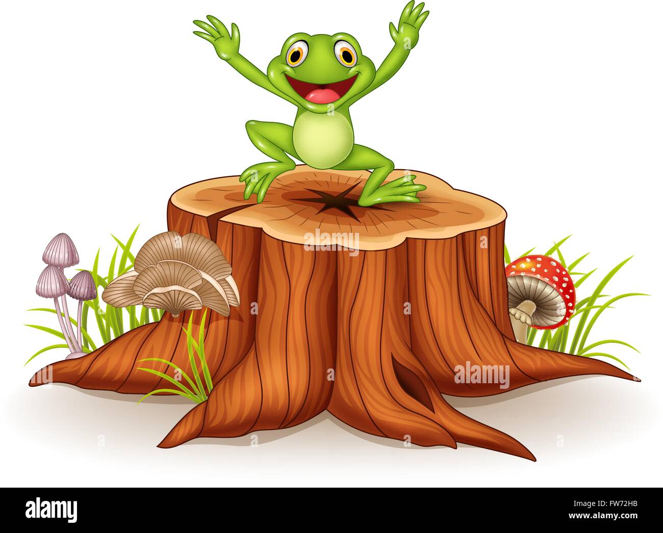 Cartoon glücklich Frosch springt auf Baumstumpf Stock Vektor