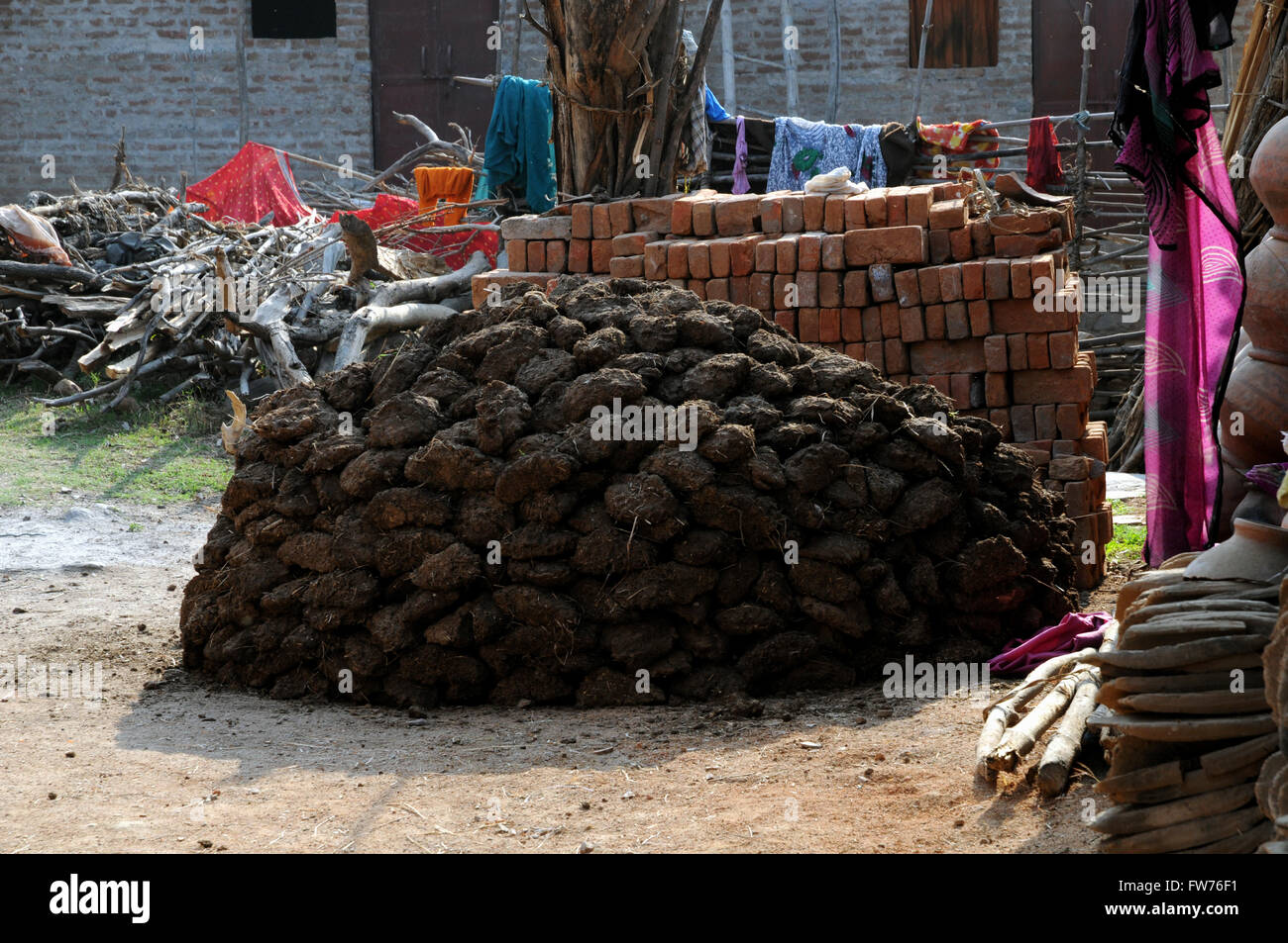 Kuhdung trocknen in der Sonne-Dorf in der Nähe von Khajuraho, Madhya Pradesh in Nordindien. Stockfoto