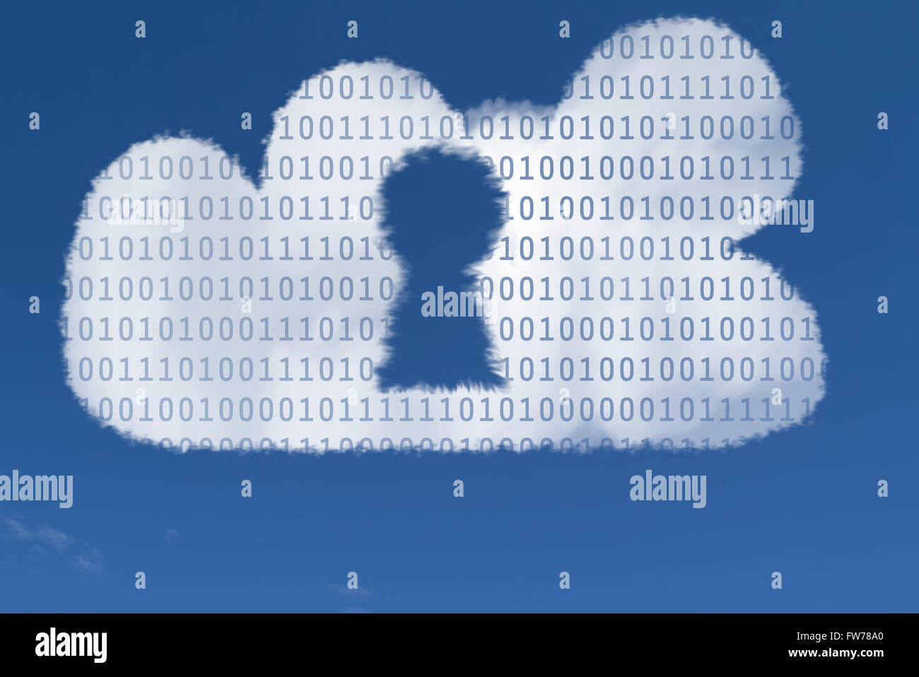 Raster-Illustration von Binärdaten in eine Wolke mit einem Schlüsselloch, als Symbol für Daten-Sicherheit (oder Anfälligkeit) in der Cloud. Stockfoto