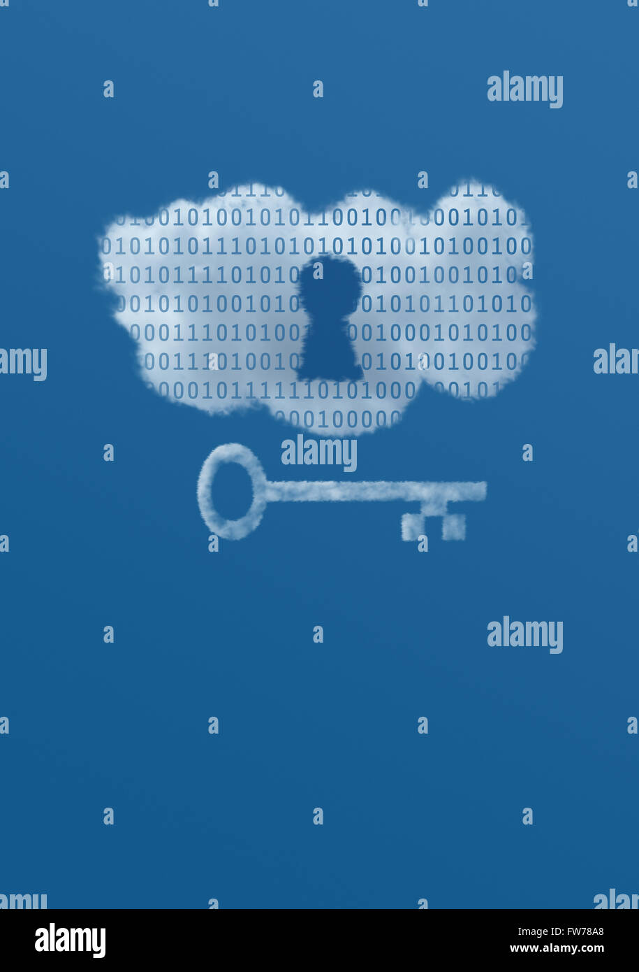 Eine weiße Wolke mit binären Daten in einen blauen Himmel hat ein Schlüsselloch und Schlüssel zur Veranschaulichung der Idee der Datensicherheit in der Cloud. Stockfoto