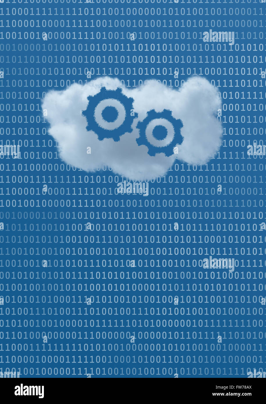 Zahnräder sind in einer Wolke inmitten eines blauen Himmels, gefüllt mit Binärdaten, die Idee des Cloud-Apps und Cloud-Services zu sehen. Stockfoto