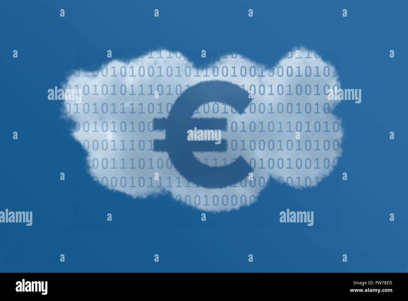 Euro-Symbol im Inneren eine weiße Wolke mit Binärdaten in einem blauen Himmel gesetzt Stockfoto