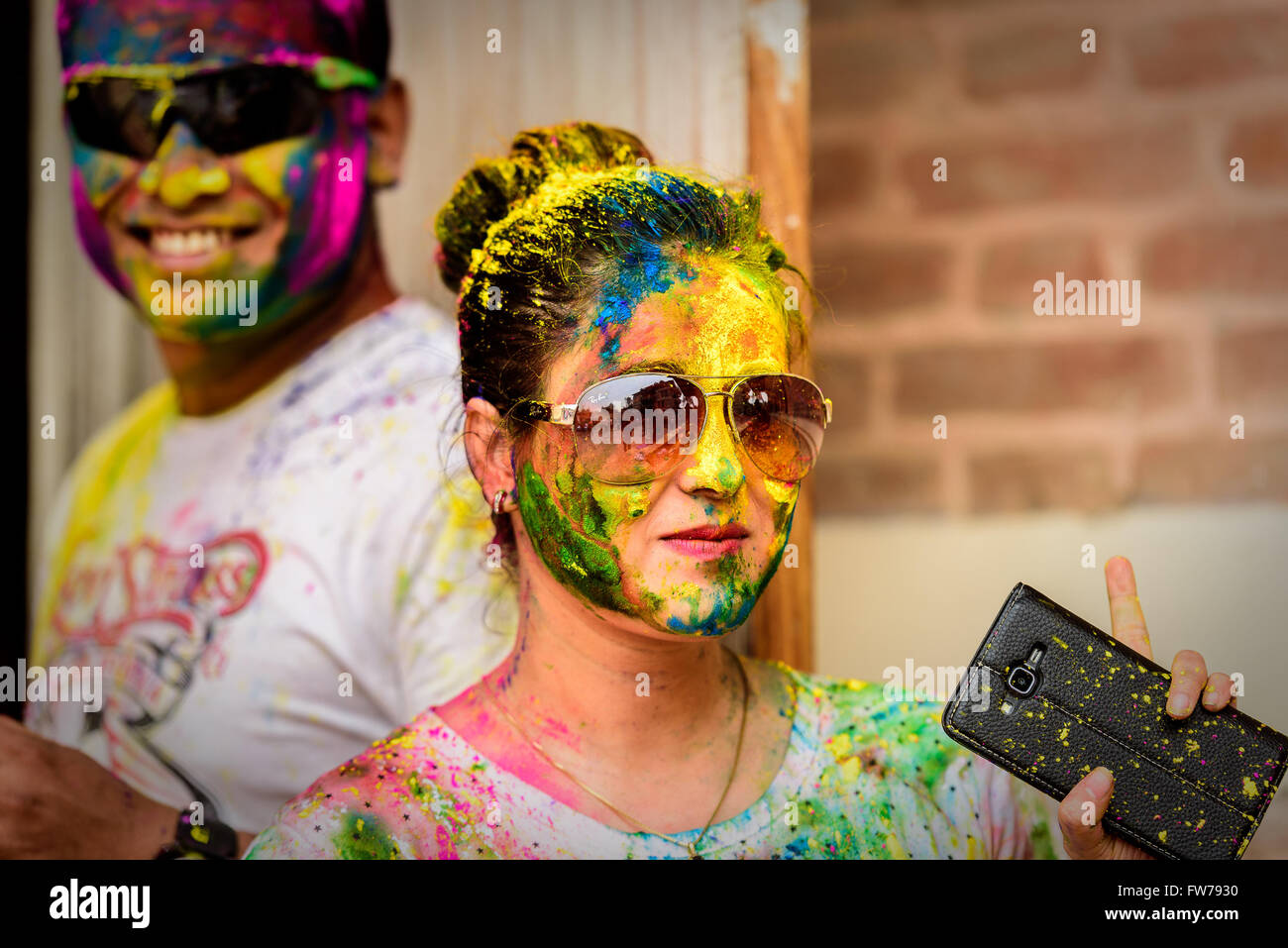 Holi, das Fest der Farben in Kathmandu, Nepal gefeiert Stockfoto