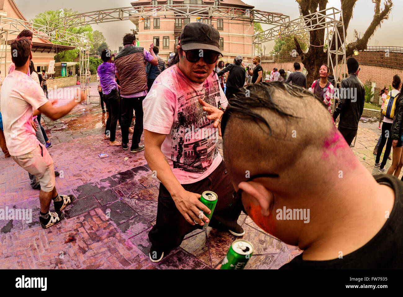 Holi, das Fest der Farben in Kathmandu, Nepal gefeiert Stockfoto