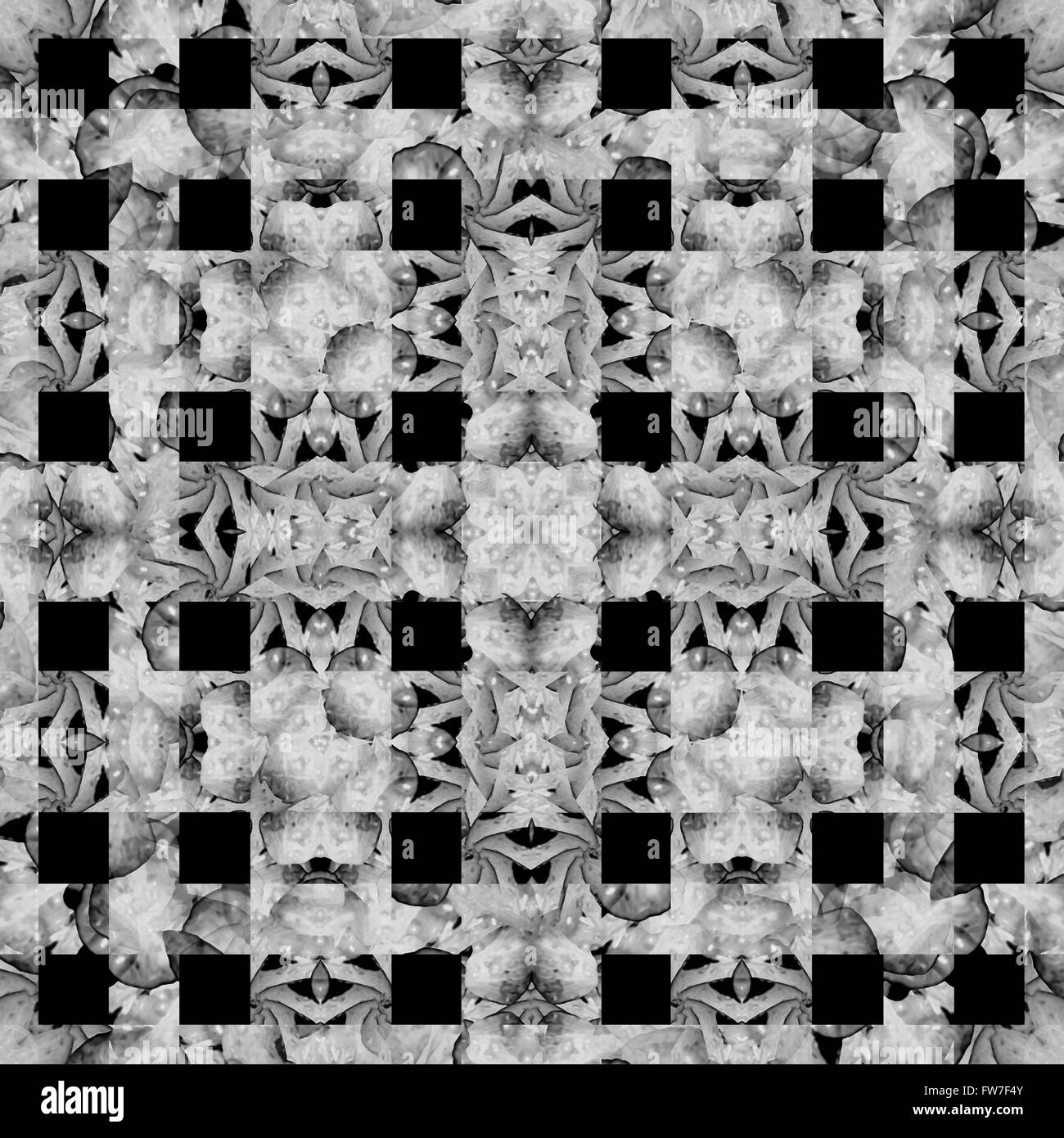 Geometrische abstrakte verzierten Musterdesign Karomuster in Silbertönen vor schwarzem Hintergrund Stockfoto