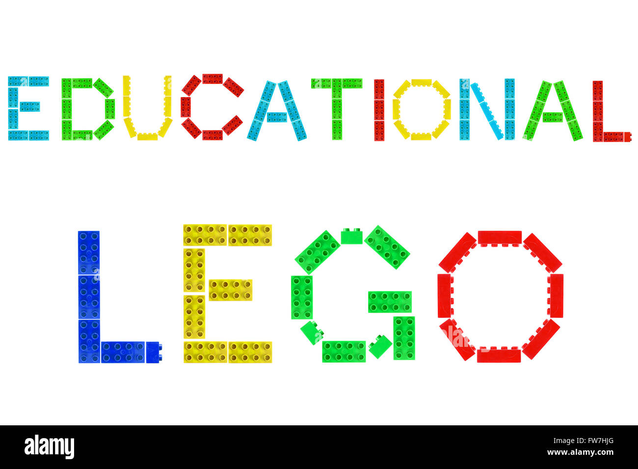 Pädagogische Lego aus Lego-Steinen fotografiert vor einem weißen Hintergrund erstellt. Stockfoto