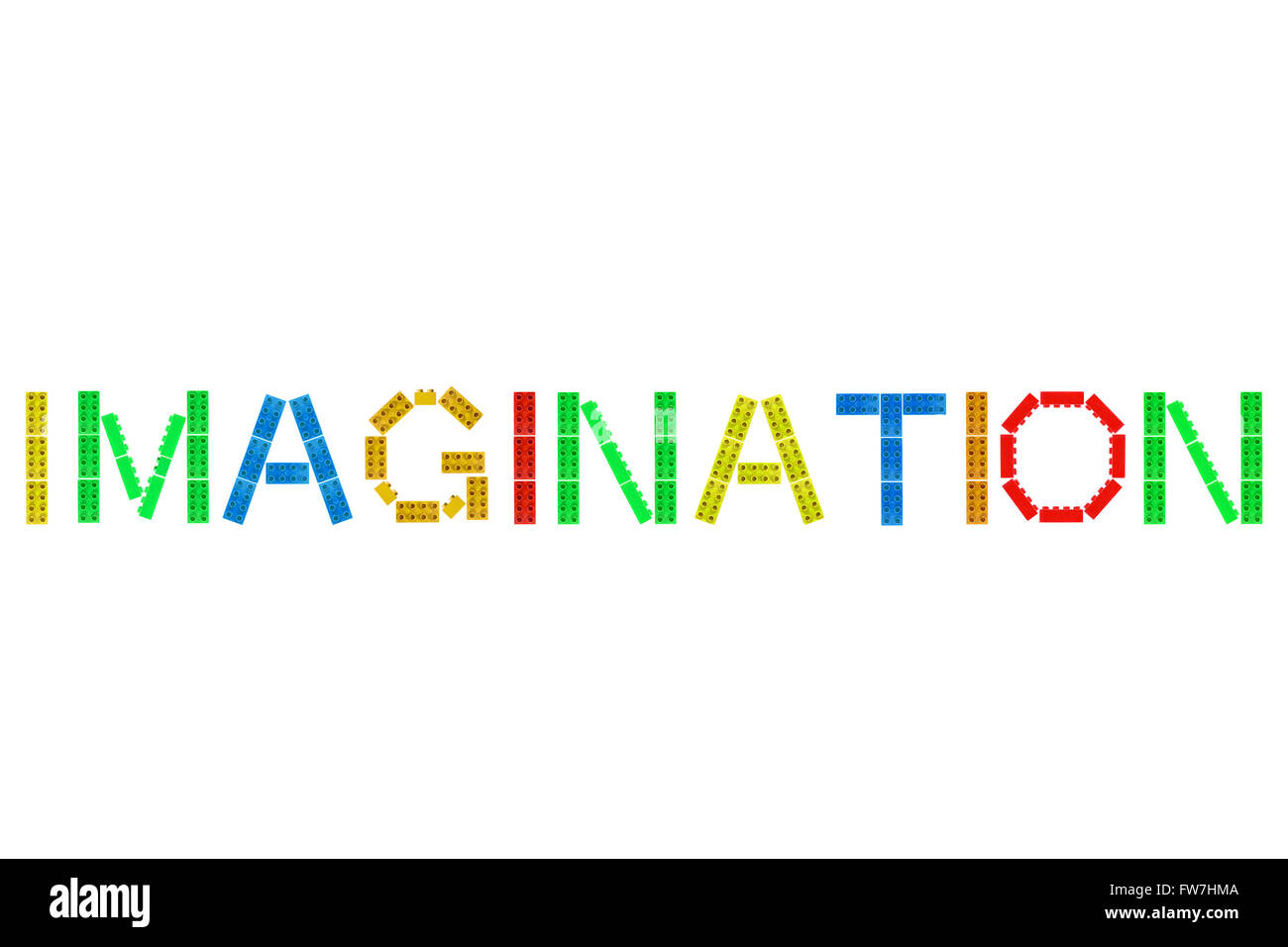 Das Wort Fantasie aus Lego-Steinen auf einem weißen Hintergrund fotografiert hergestellt. Stockfoto