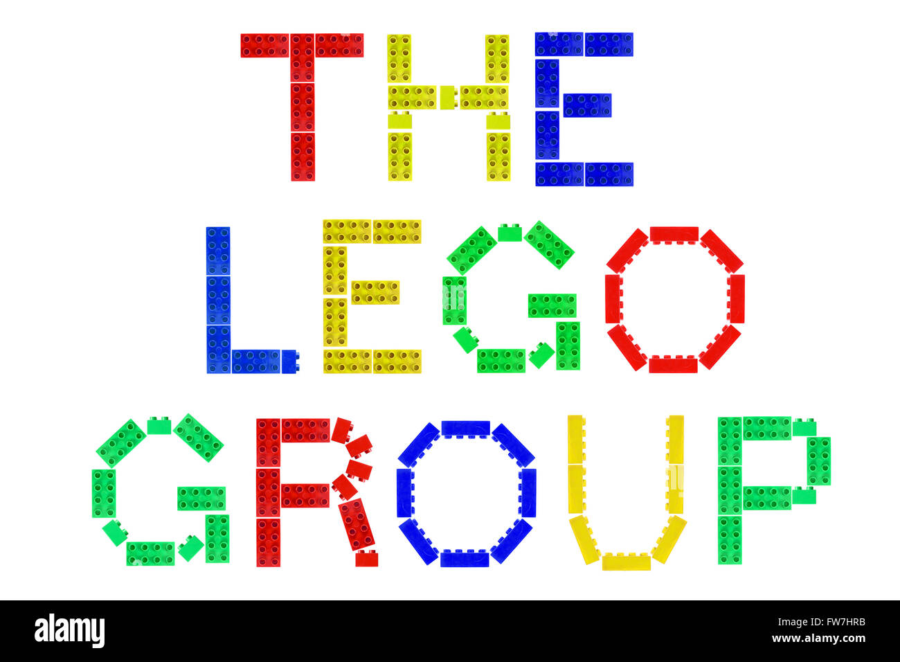 Die Lego Gruppe erstellt aus Lego-Steinen auf einem weißen Hintergrund fotografiert. Stockfoto