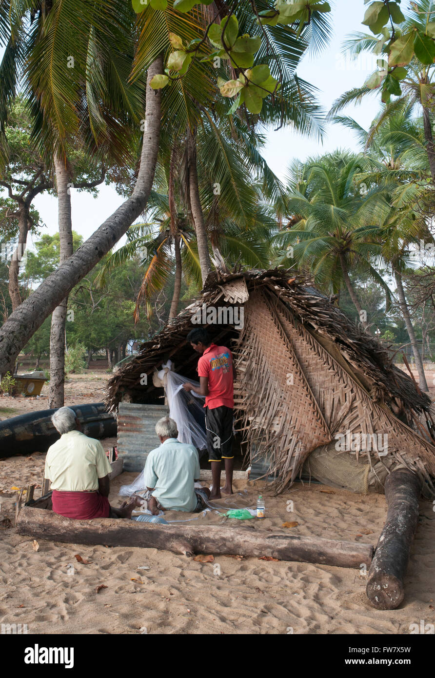 Fischer ausbessern Netze am Strand von Kallady, in der Nähe von Batticaloa an der Ost Küste von Sri Lanka Stockfoto