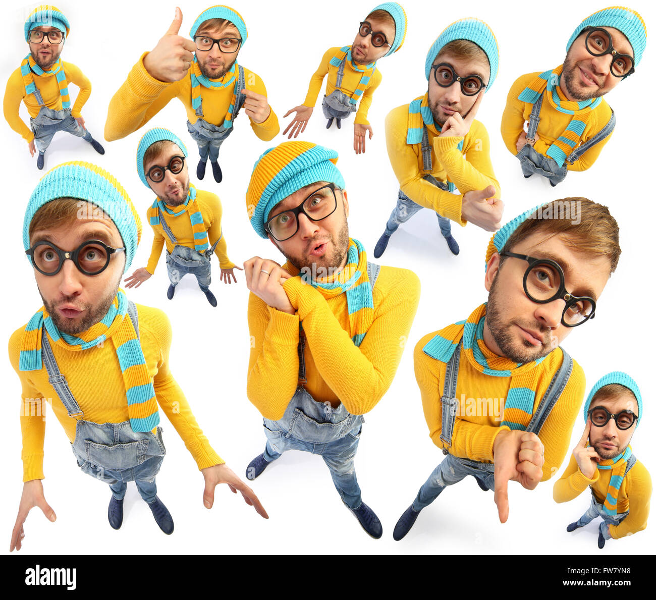 ein Mann in einem gelben Pullover und Overalls verzerrte Perspektive Stockfoto