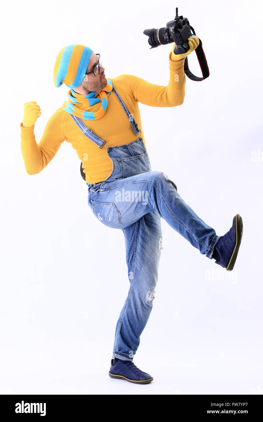 gelb, blau, Schal, Kamera, Selfie, Minion, weißer Hintergrund Stockfoto