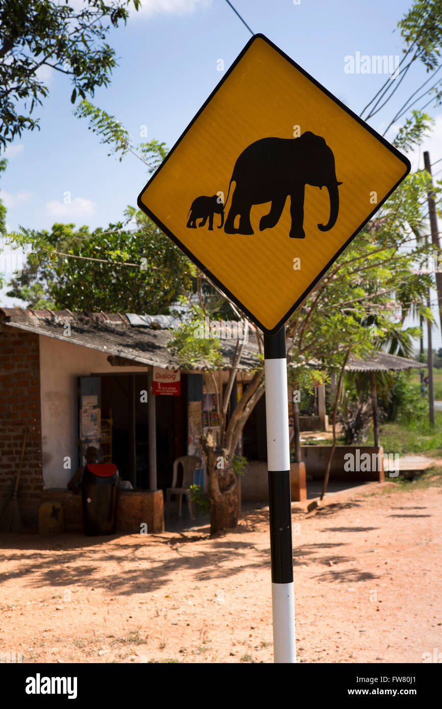 Sri Lanka, Horowupotana, Tierwelt, Gefahr, Elefanten überqueren Straßenschild Stockfoto