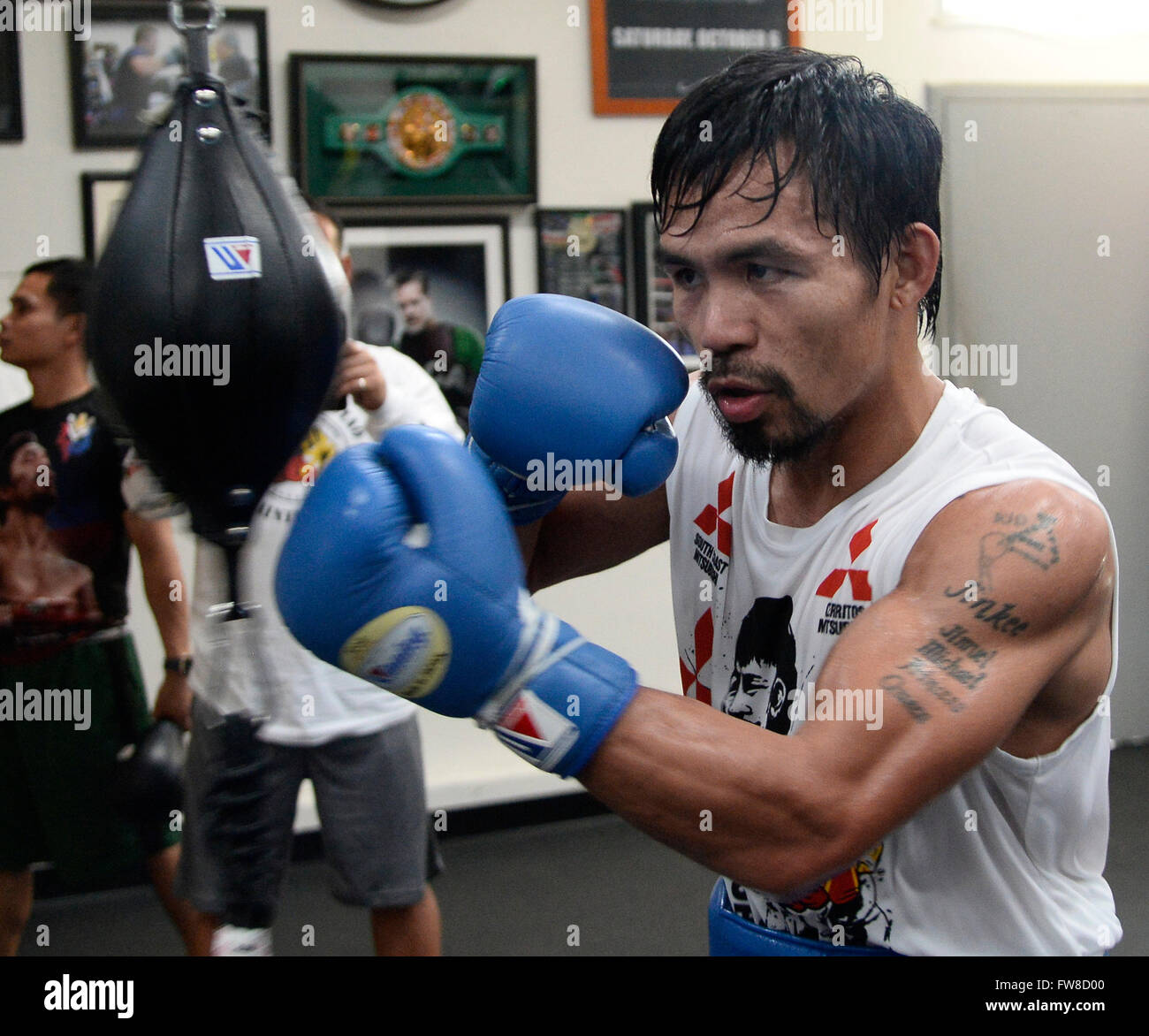Hollywood, Kalifornien, USA. 1. April 2016. Manny Pacquiao klappt mit seinem Trainer Freddie Roach auf seinen bevorstehenden Kampf mit Timothy BradleyThe zwei werden miteinander zum 3. Mal Samstag, 9 April, in der MGM Grand Garden Arena in Las Vegas, Nevada kämpfen. 1. April 2016. Foto von gen Blevins/LA Daily News/ZumaPress Credit: Gene Blevins/ZUMA Draht/Alamy Live-Nachrichten Stockfoto