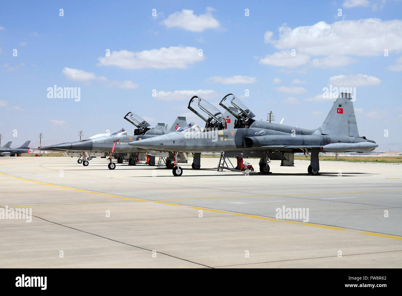 Türkische Luftwaffe F-5 b-2000 Freiheit Kampfflugzeuge bei der internationalen Übung Anatolian Eagle 2013-2 in Konya, Türkei. Stockfoto