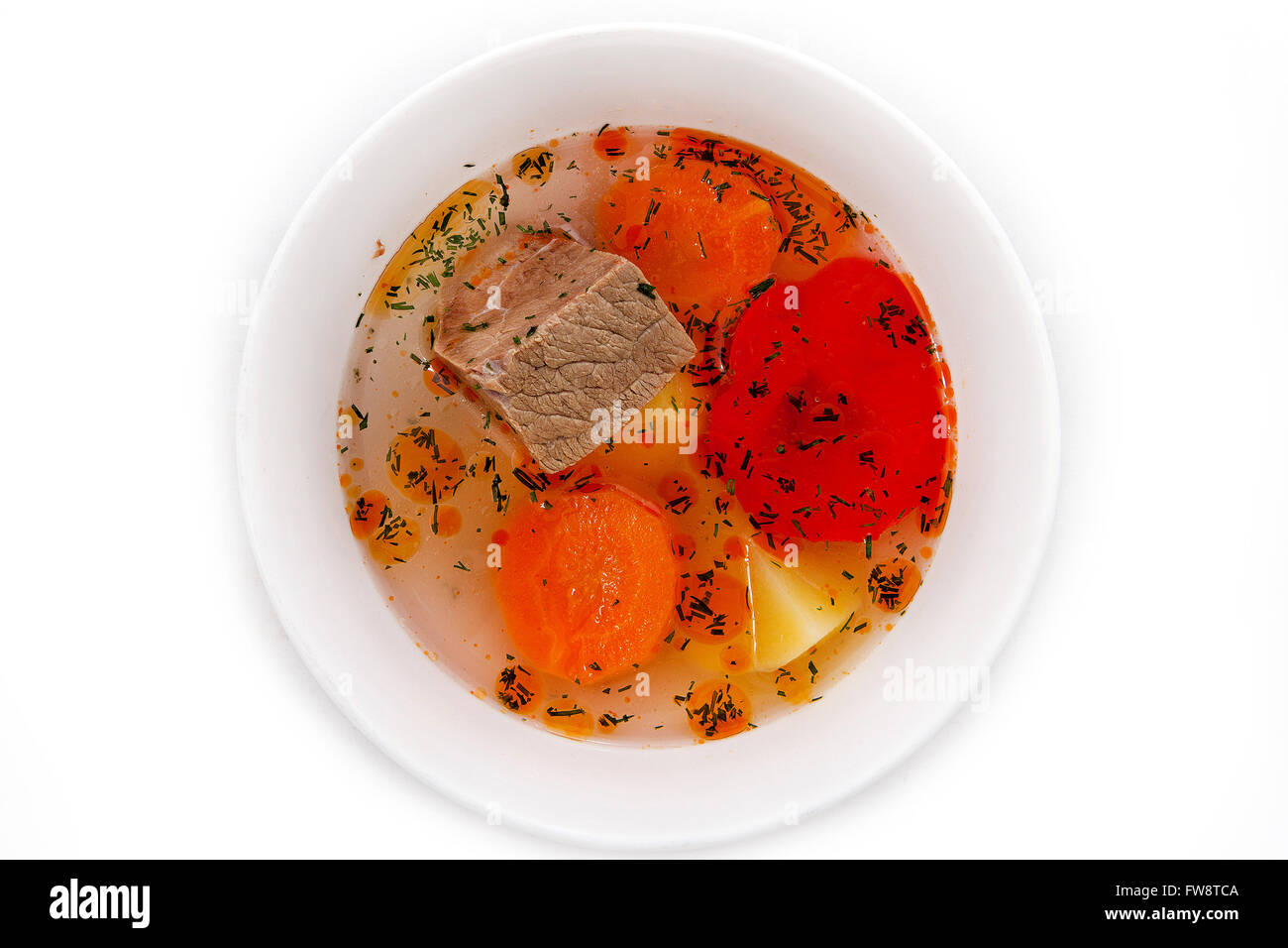 Suppe: Rindsuppe mit Gemüse und Fleisch, Draufsicht isolierten auf weißen Hintergrund Stockfoto