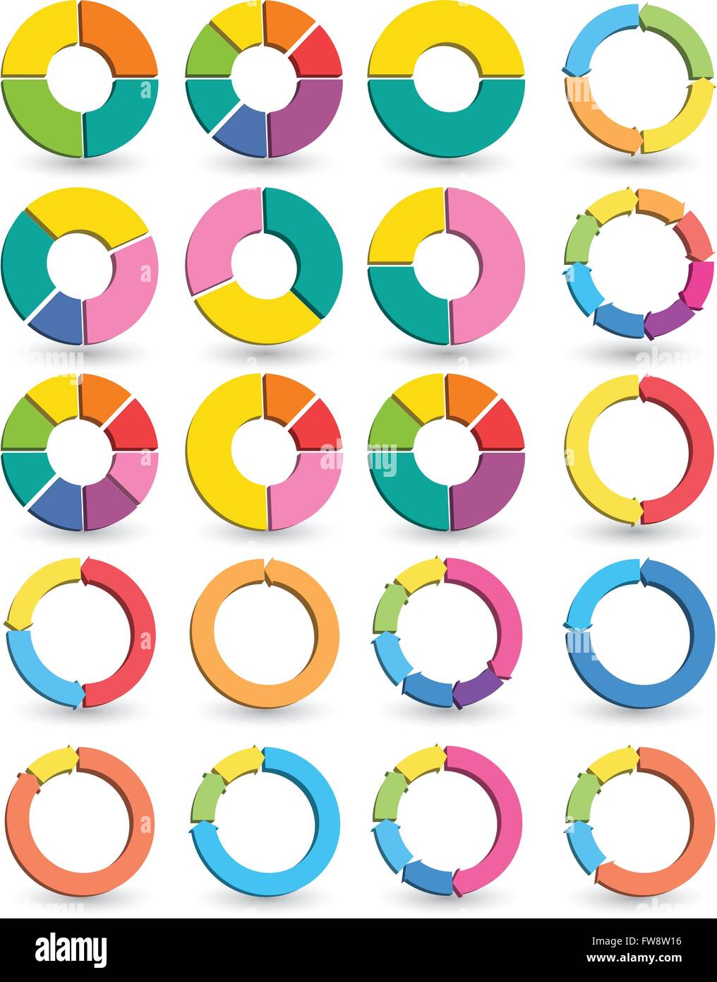Reihe von verschiedenen Pfeil Kreisen isoliert auf weiß mit Schatten. Vektor-Illustration. Können für Druck und Web. Stock Vektor