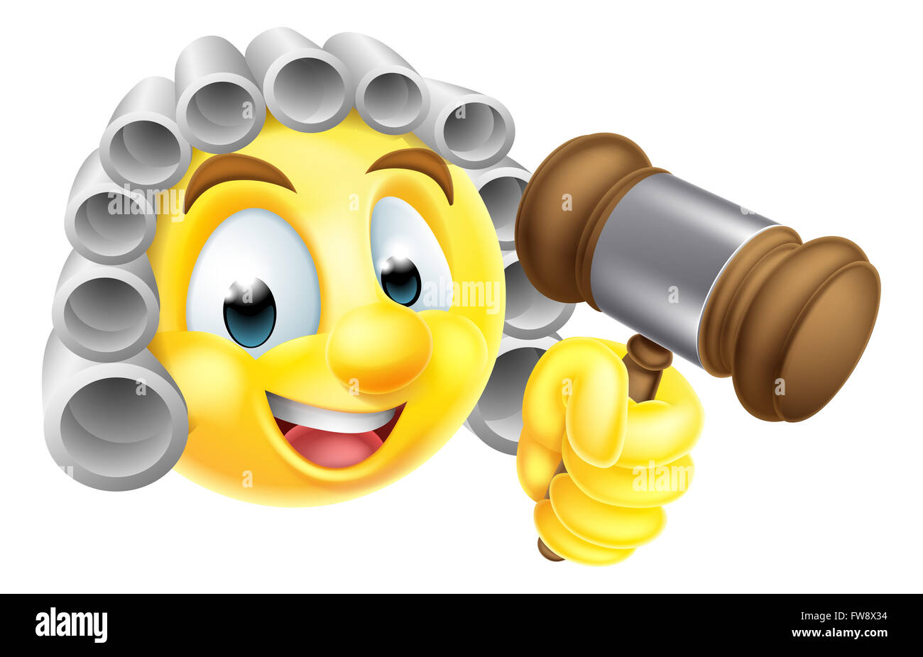 Ein Cartoon Emoticon Emoji beurteilen Charakter in weiße Perücke mit hölzernen Hammer hammer Stockfoto