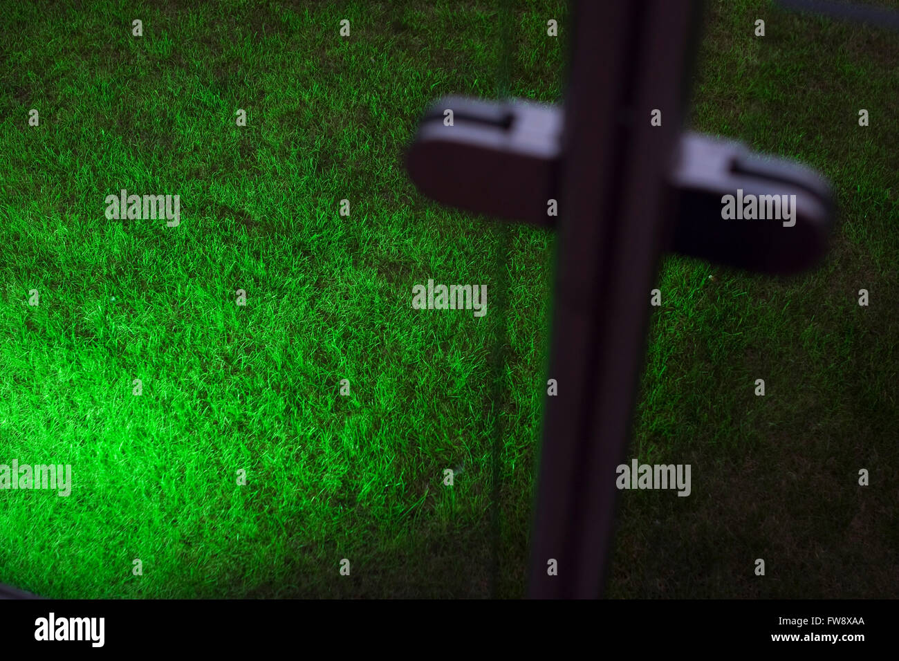 Leuchtend grüne Beleuchtung wirft einen Pool von Licht über den Rasen