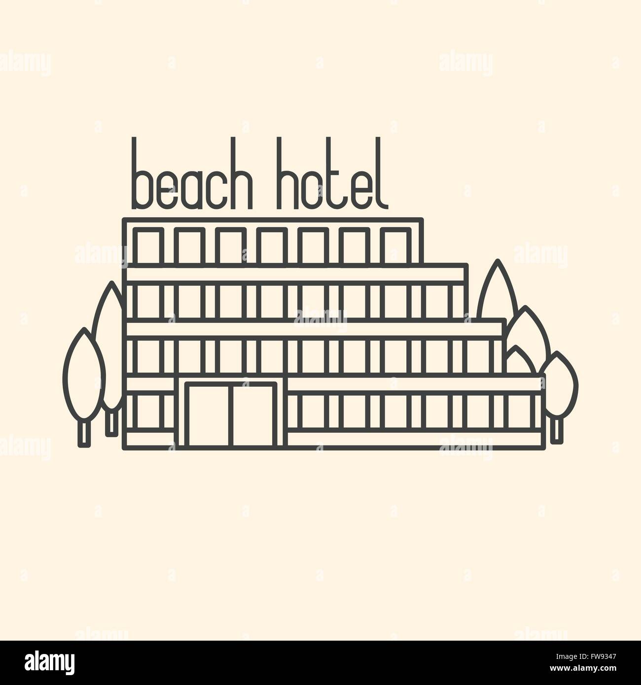 Grafische Linie Kunst Abbildung des Strandhotels auf Beige Hintergrund Stock Vektor