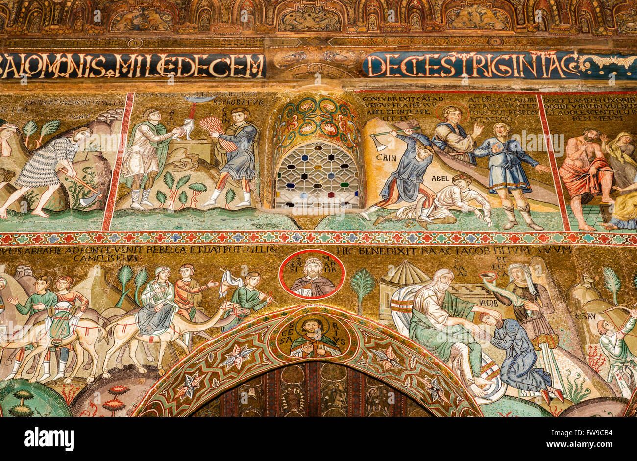 Mosaike aus dem alten Testament Gott bevorzugt Abels Angebot, Kain tötet Abel, die Cappella Palatina, die Palatinische Kapelle des Palastes der Stockfoto