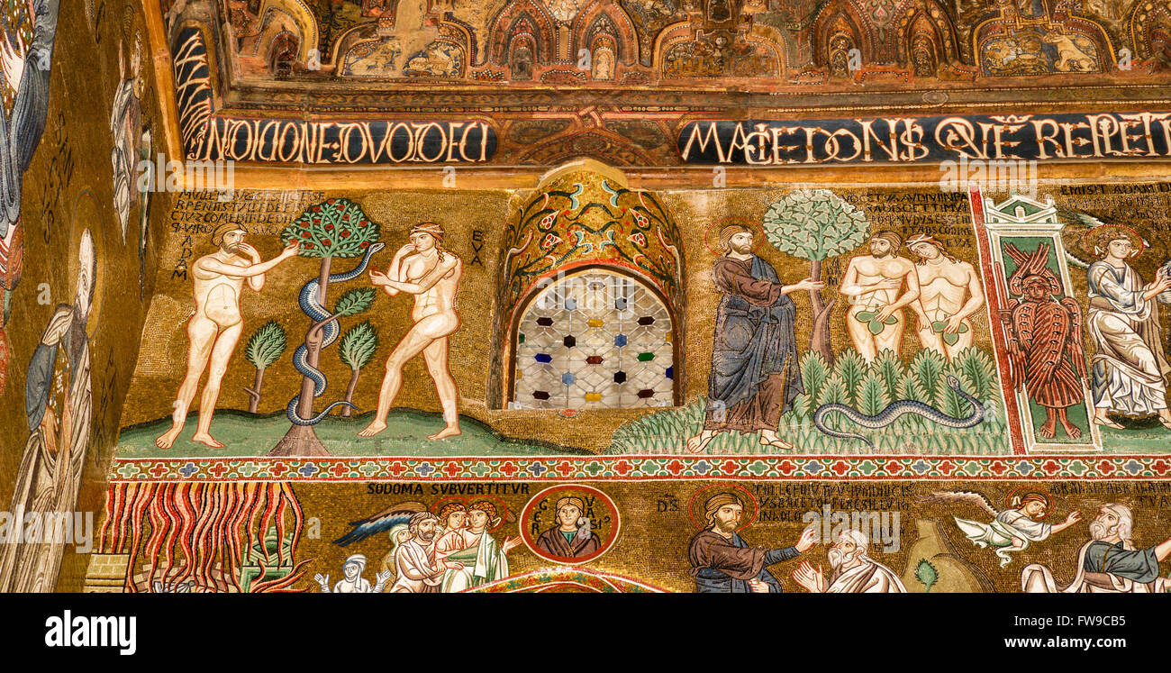 Byzantinische Mosaik, Adam und Eva Essen vom Baum der Sünde, die Vertreibung aus dem Paradies, Cappella Palatina, Cappella Palatina von der Stockfoto