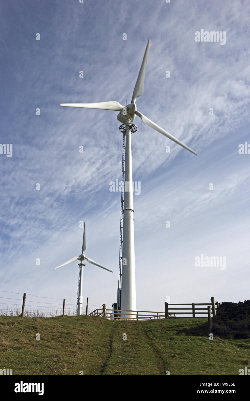 Wind trieb stromerzeugende Turbinen in ländlicher Umgebung Stockfoto