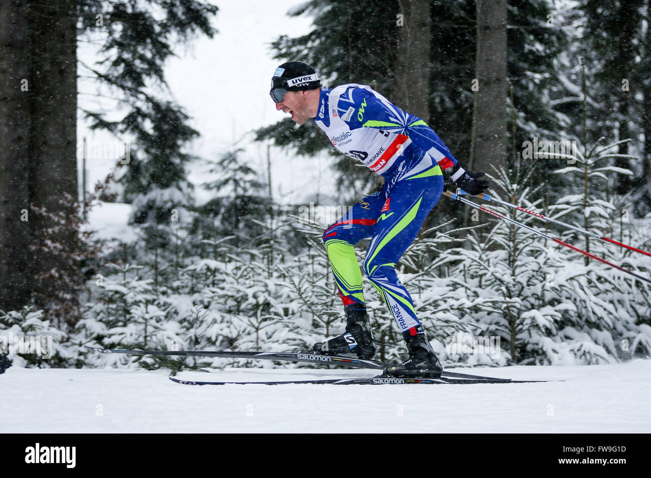 Nove Mesto Na Morave, Tschechische Republik - 23. Januar 2016: FIS Cross Country Weltcup, Männer 15 km-Wettbewerb. Maurice MANIFICAT Stockfoto