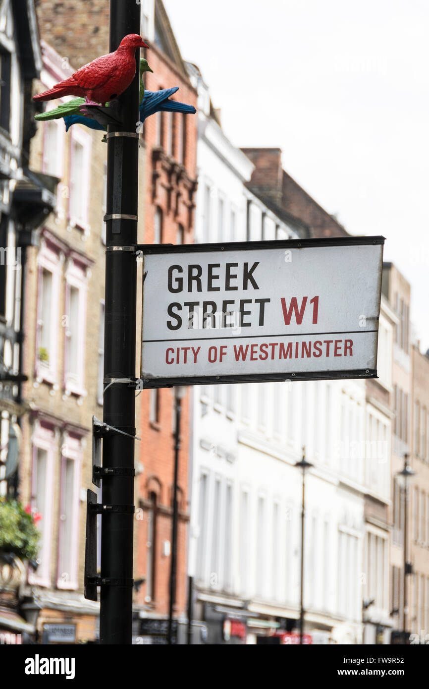 Patrick Murphy Tauben ruhen auf Straßenschild auf Griechisch Street London, UK Stockfoto