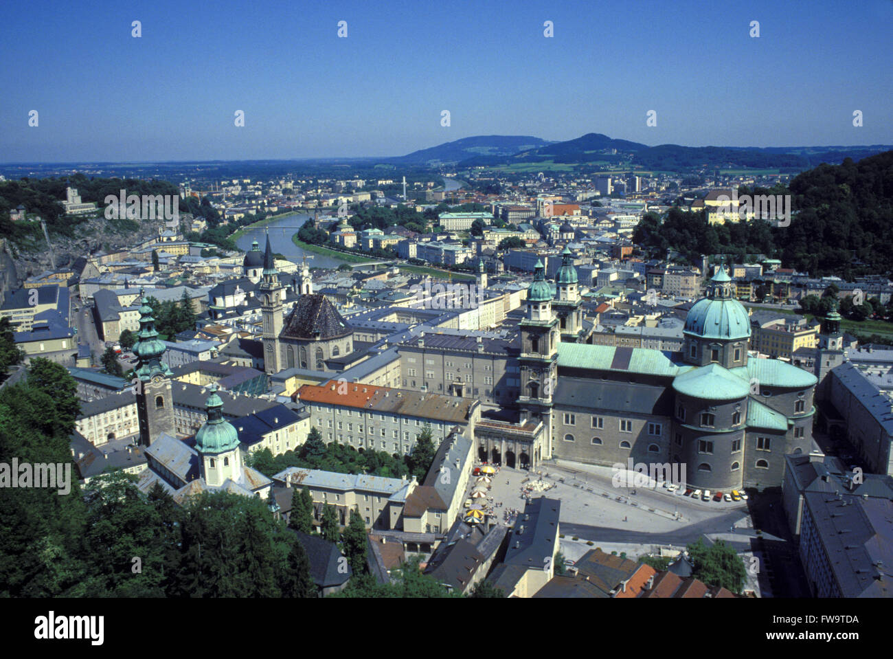AUT, Österreich, Salzburg, Blick von der Burg auf die Stadt und den Fluss Salzach.  AUT, Oesterreich, Salzburg, Blick von der Festu Stockfoto