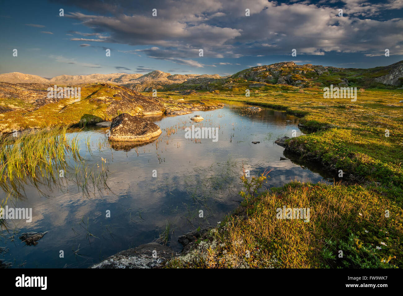 Kleiner See hinter einem polaren Kreis mit der nördlichen Sommersonne beleuchtet Stockfoto