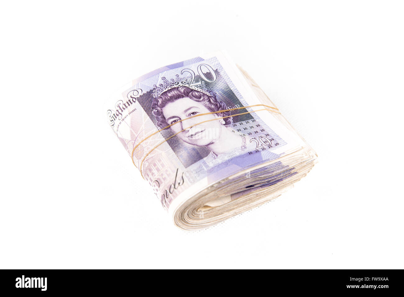 Pfund Sterling Banknoten Bargeld und Geld auf weißen Hintergrund isoliert Stockfoto