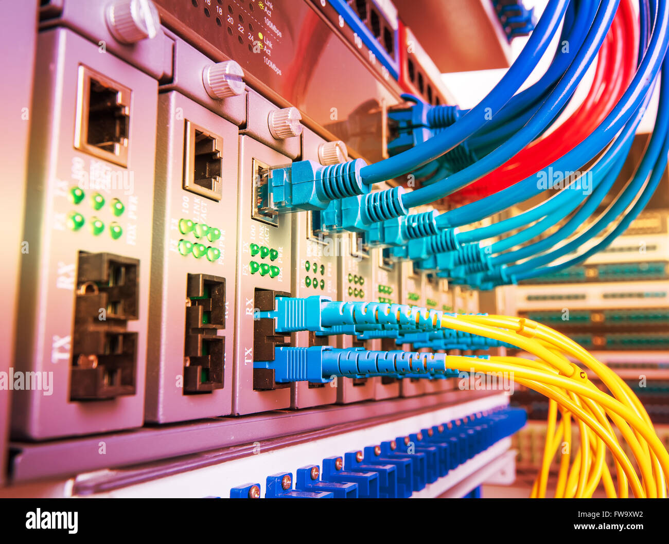 Faser-Optik-Servern und Hardwares in einem Internet-Rechenzentrum Stockfoto