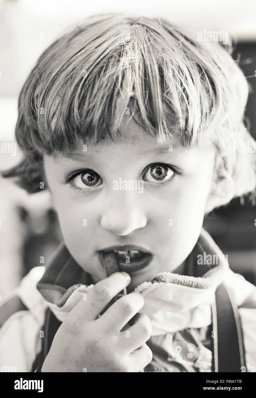 Porträt des kleinen Jungen Essen, Blick in die Kamera Stockfoto