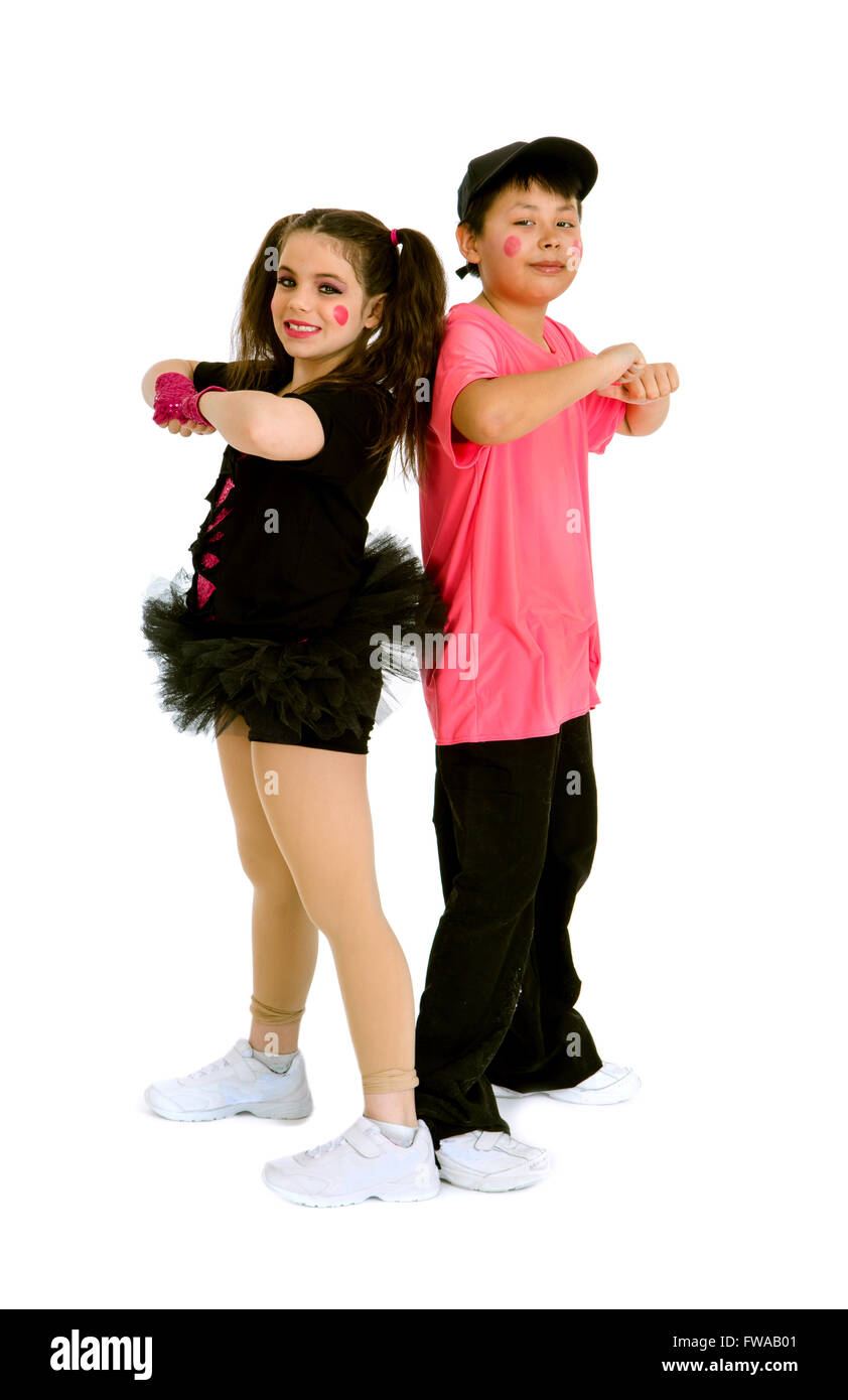 Pre Teen Kinder im Hip Hop Duo mit Erwägungsgrund Kostüm und Maske Stockfoto