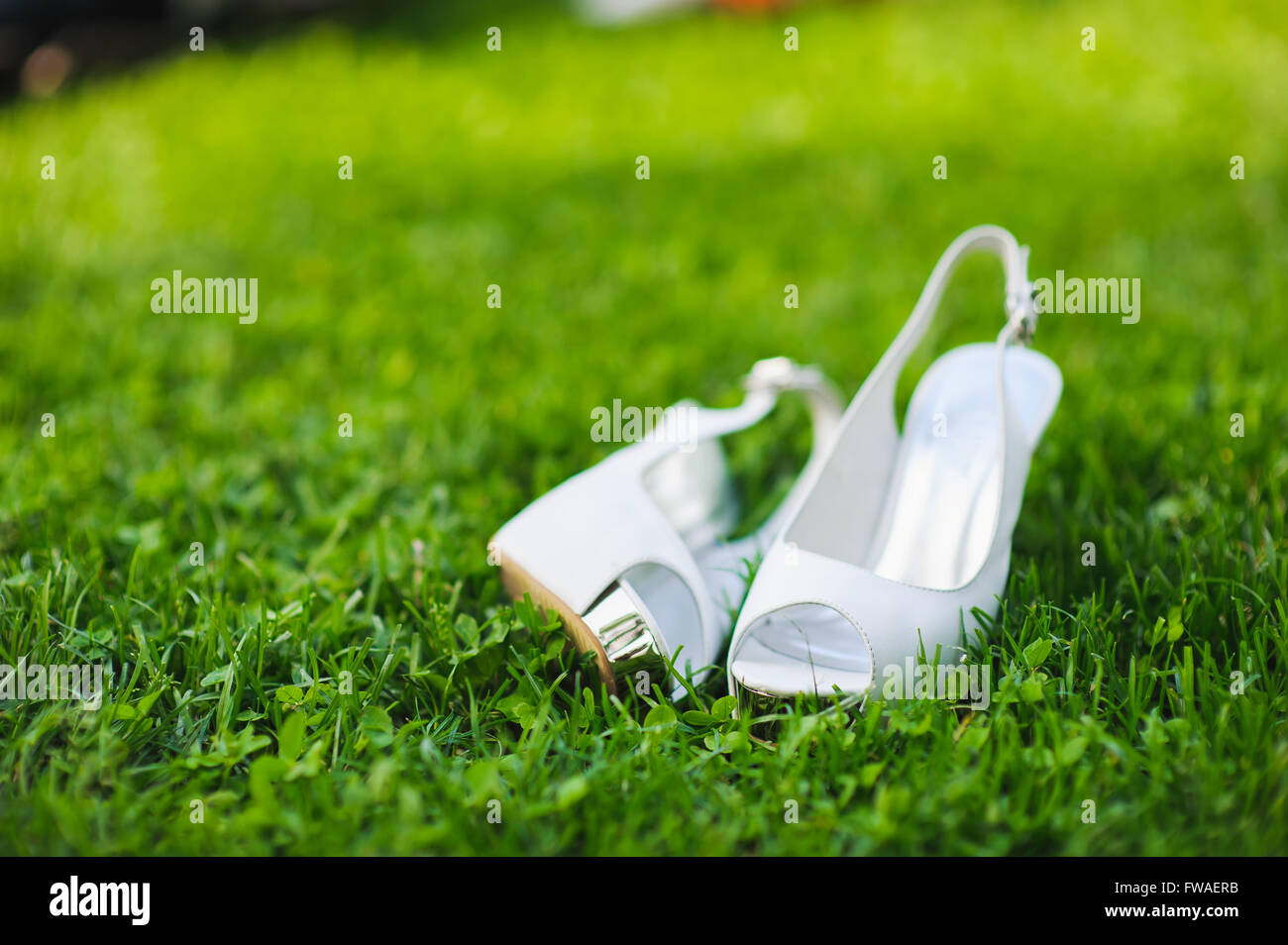 weiße Schuhe auf grünen Rasen weiße Brautschuhe auf grünen Rasen.  Hochzeitsschuhe Stockfotografie - Alamy