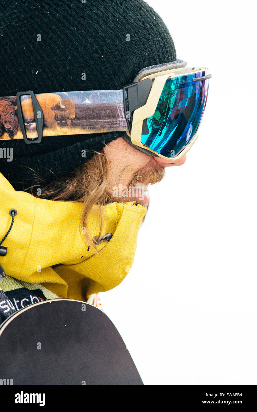 VERBIER, Schweiz: 2. April 2016 Freeride Snowboard World Champion Sammy Luebke der USA. Stockfoto