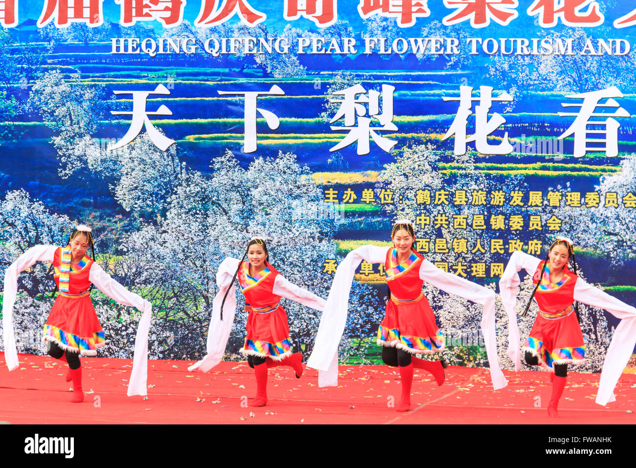 Heqing (CN)-15. März 2016: Chinesische Frauen gekleidet mit traditioneller Kleidung, Tanz und Gesang während der Heqing Qifeng Erbse Stockfoto