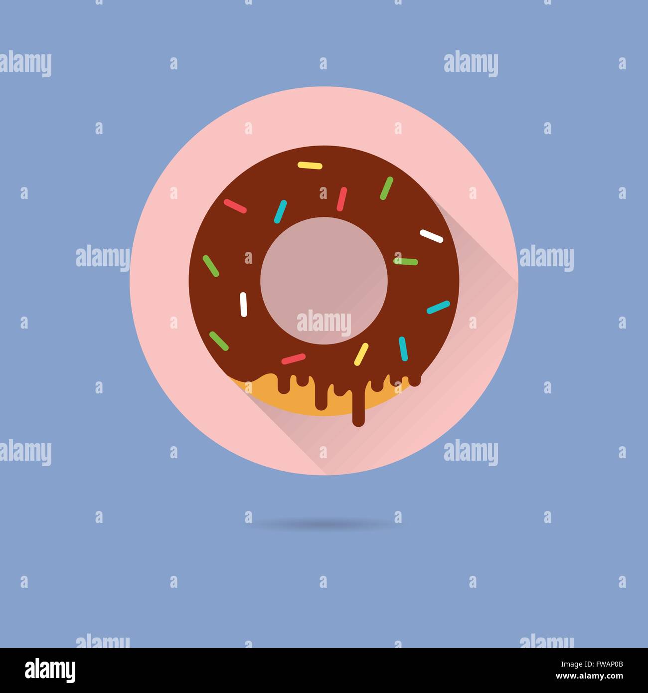 Schokolade überdachten Donut mit Streuseln flache Bauweise lange Schatten Vektor Icon Stock Vektor