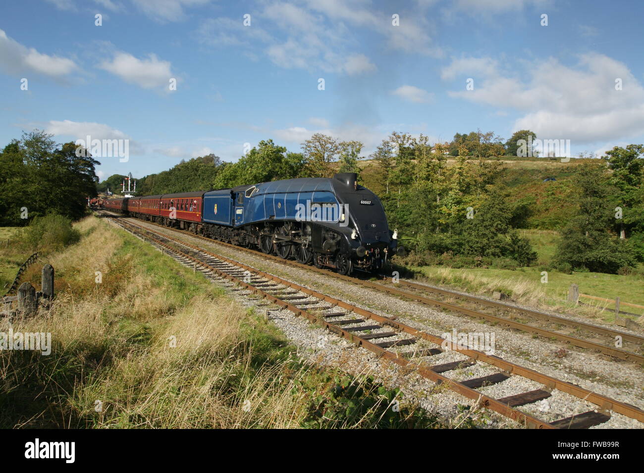 Streckenseitige Blick auf A4 Pacific 4-6-2 Steam Locomotive 60007 Sir Nigel Gresley verlassen Goathland auf North York Moors Railway Stockfoto