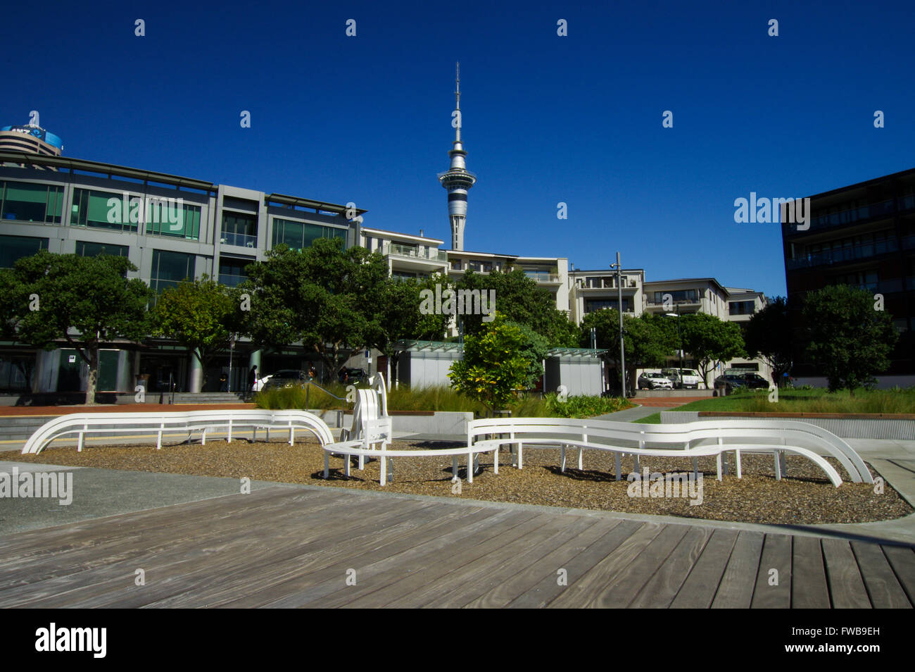 Ansicht des Sky Tower von Viaduct Harbour, Auckland Stockfoto