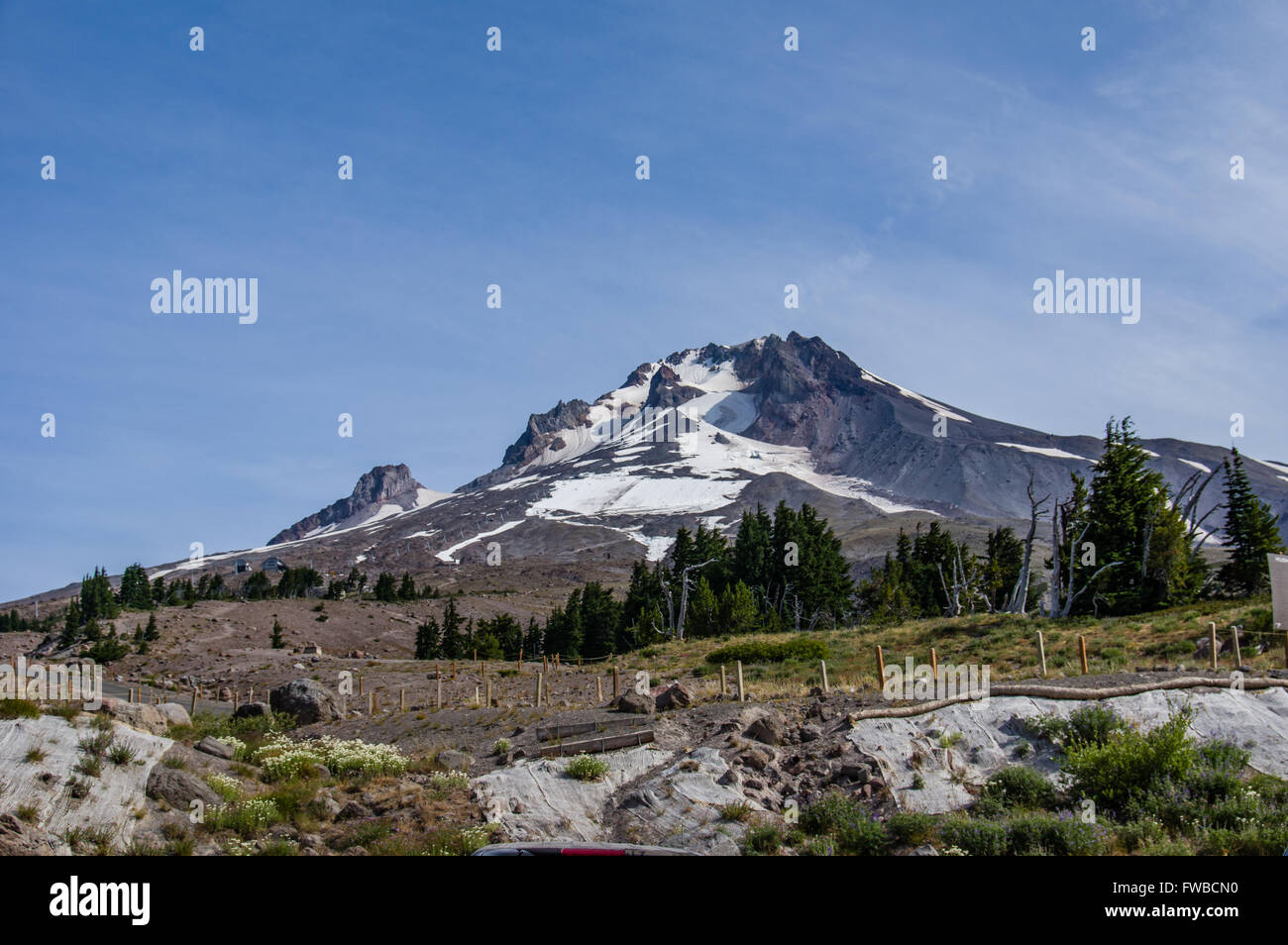 Blick auf Mt. Hood zeigt Palmer Schnee Feld und Skilift Stockfoto