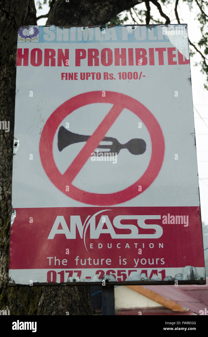 Horn-verboten-Schild, Shimla, Himachal Pradesh, Indien, Stockfoto