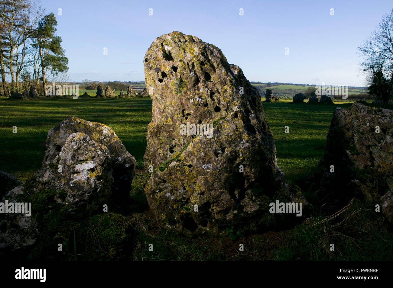 Der Steinkreis und Einzelsteine bekannt als die "Rollright Stones", ein Steinkreis der Jungsteinzeit auf einem Hügel in Oxfordshire, UK. Der Steinkreis ist von Menschen gemacht um 12:00 Havebeenmade gemeldet. Stockfoto