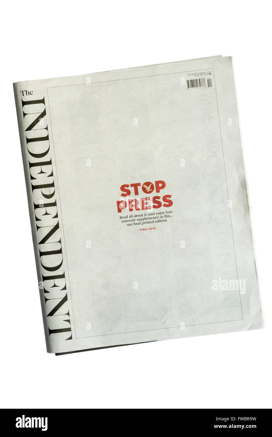Die letzte print-Ausgabe der Zeitung The Independent. Stockfoto