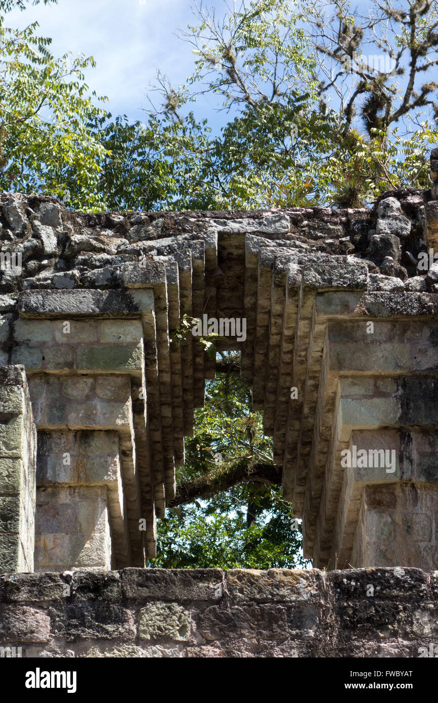 Maya-Architektur bei Copan Ruinen in Honduras.  Beispiel für vorkragenden Bogen, der die Breite ihres Zimmers begrenzt. Stockfoto